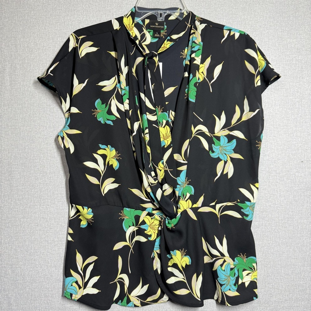 Worthington Blouse Womens L Black Floral Tie Neck Elastic Waist Tunic Top